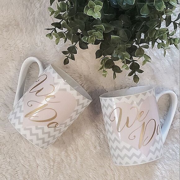 "We Do" Mugs (Set of 2) - White & Gray Chevron-Stripe with Pink Hearts - Picture 1 of 6